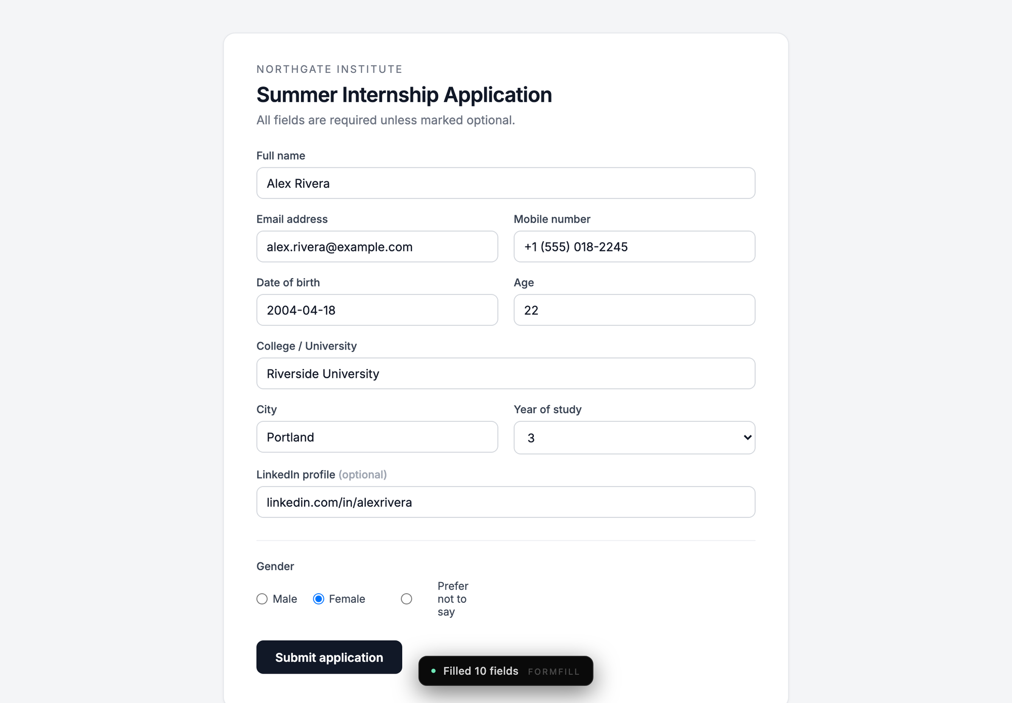 An internship application form filled in one click, with a confirmation reading Filled 10 fields.