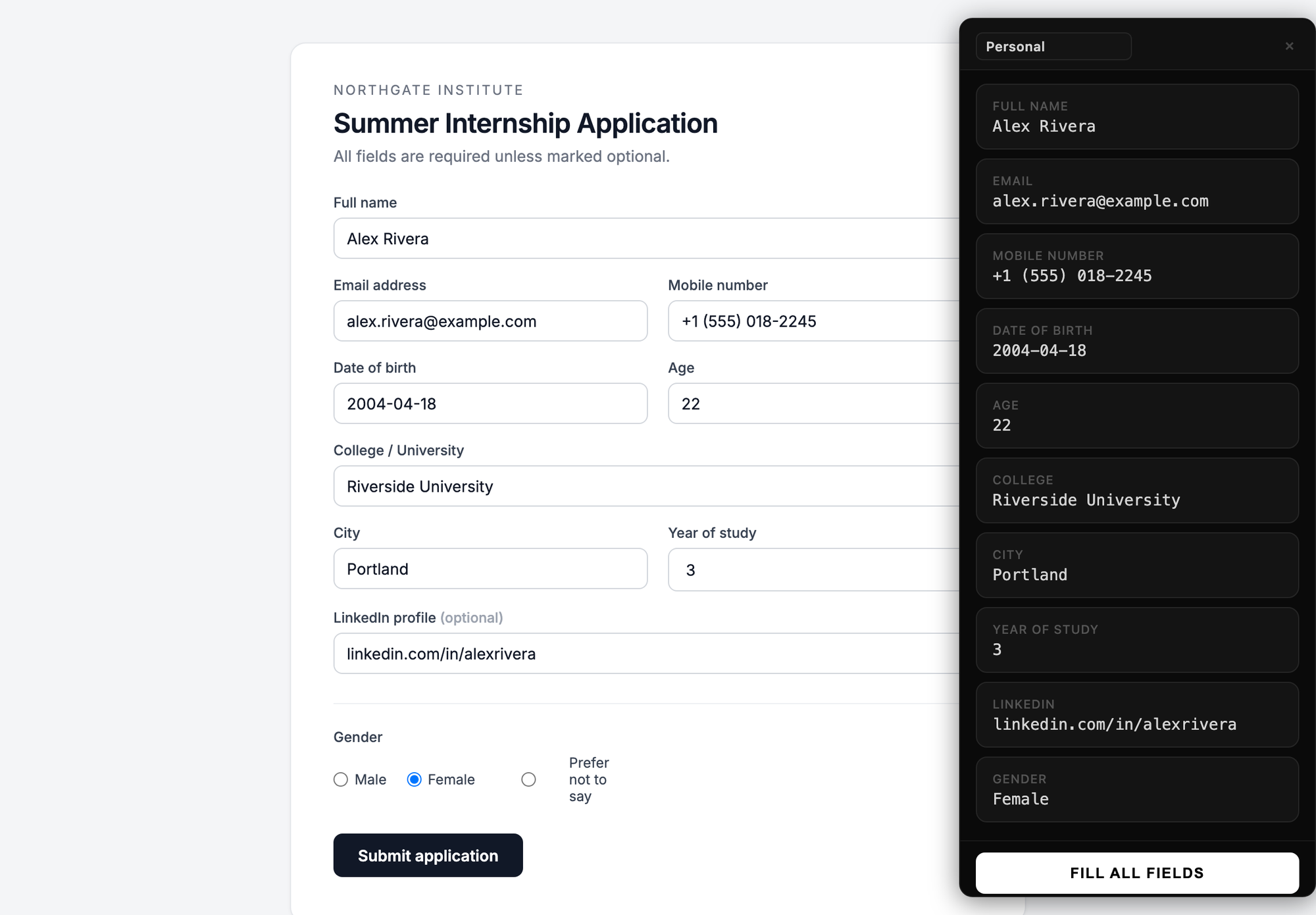 The FormFill sidebar docked beside a form, listing draggable value chips for each saved field.